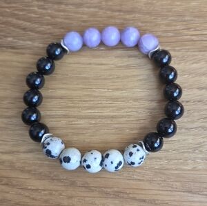 Dalamatian Jasper & Purple Lepidolite Beads Bracelet, Stretch, Hand Crafted